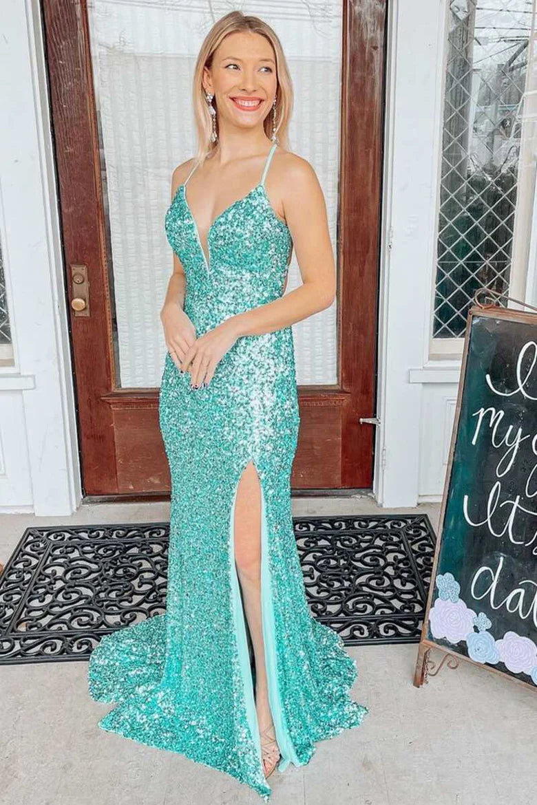 Vestido de fiesta de sirena con espalda con cordones y lentejuelas